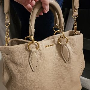 Miu Miu Cream Pebbled Leather Tote with Gold Hardware